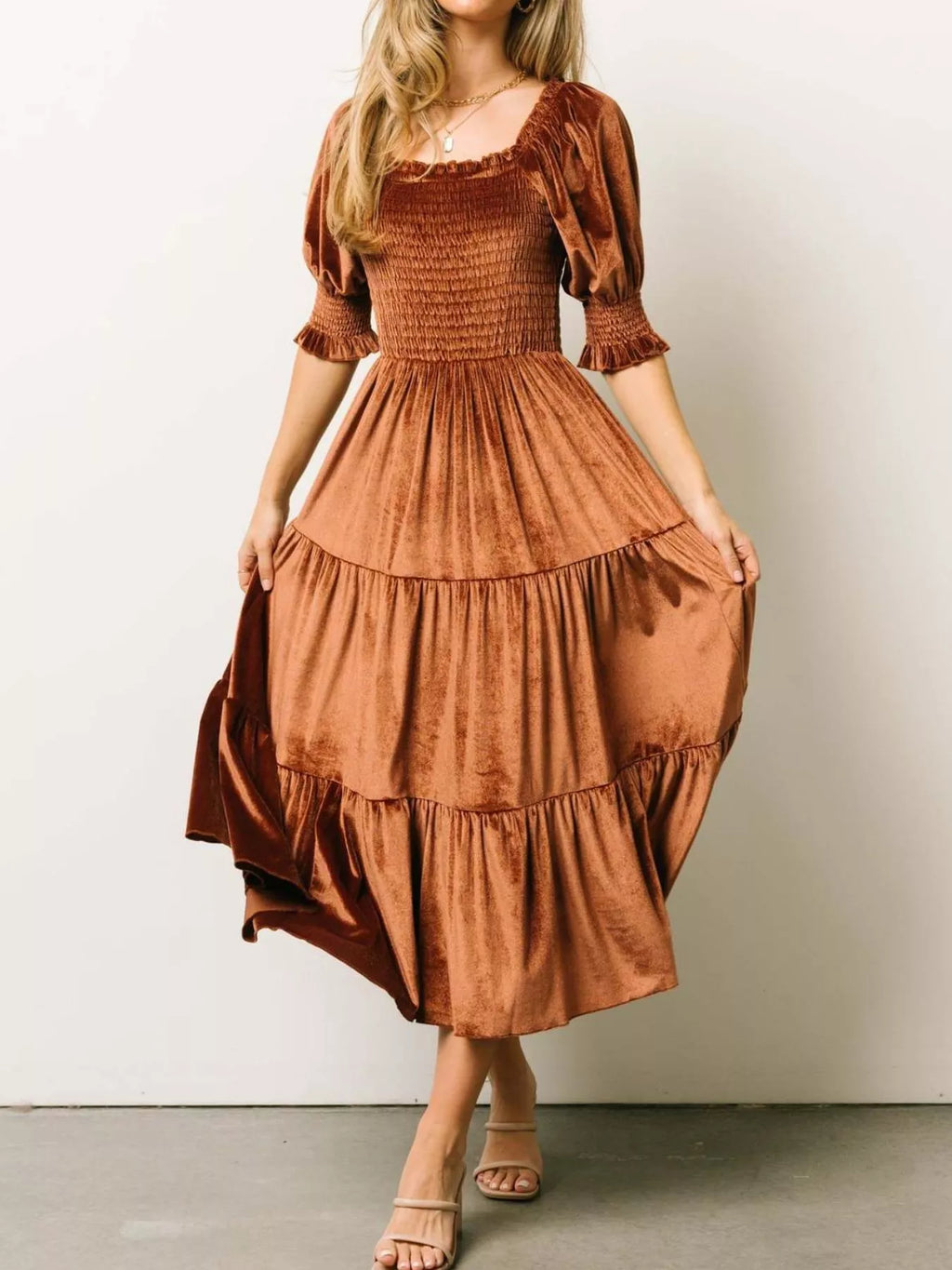Velvet Smocked Tiered Midi Dress