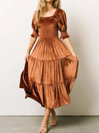 Velvet Smocked Tiered Midi Dress