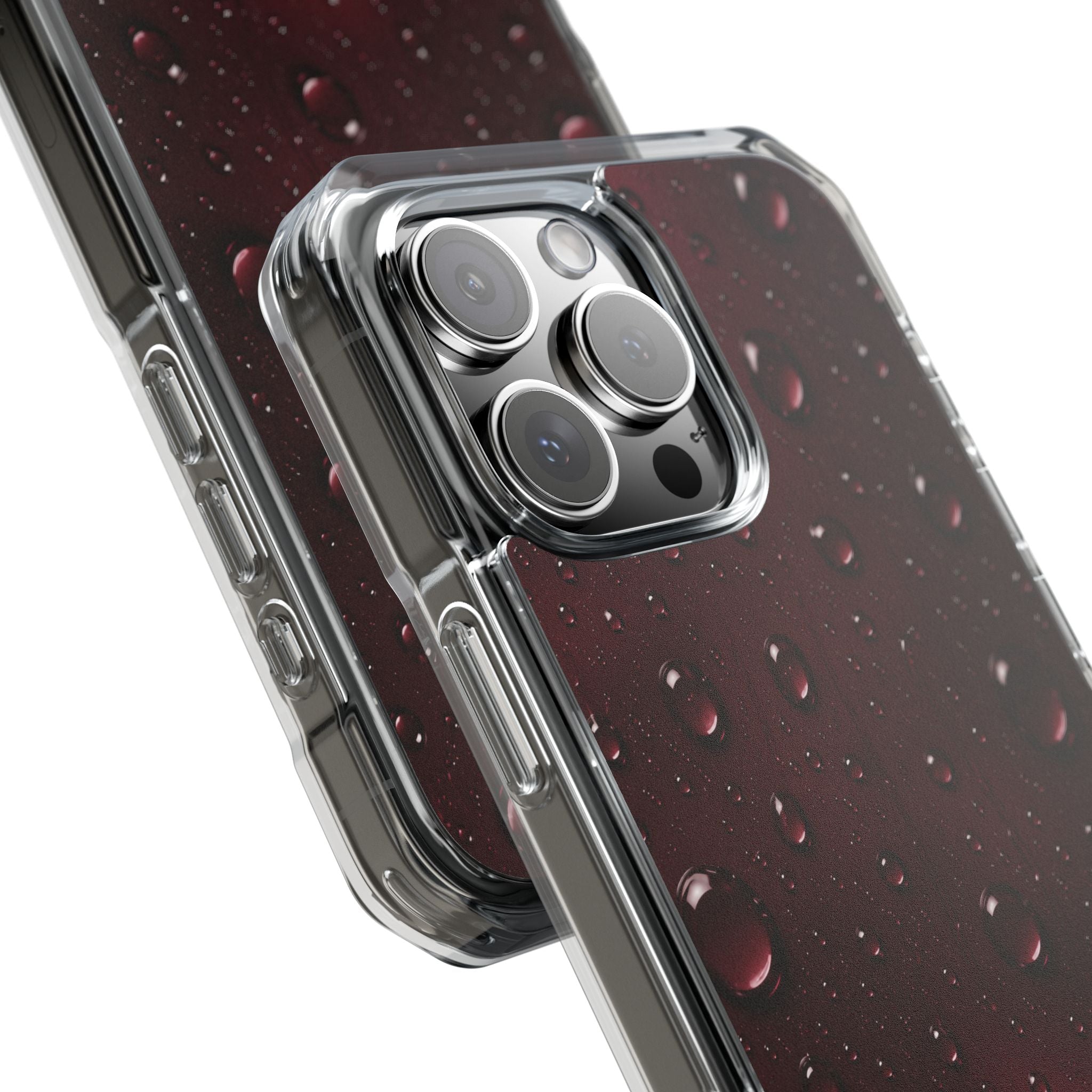 Clear Magnetic Phone Case — Dark Red Raindrop Design, Impact-Resistant