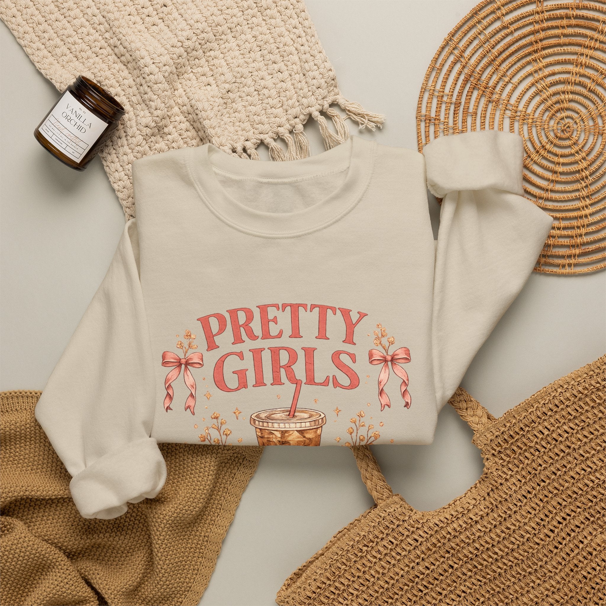 Iced Coffee Crewneck Sweatshirt — "Pretty Girls Drink Iced Coffee" Cozy Graphic Pullover
