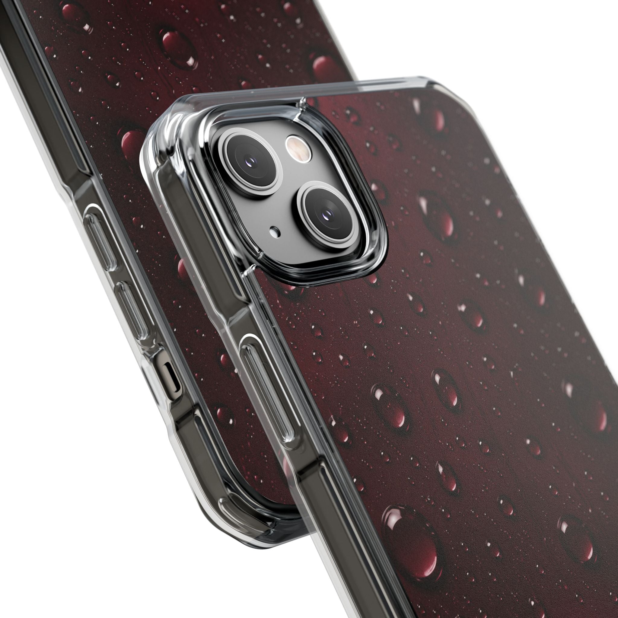 Clear Magnetic Phone Case — Dark Red Raindrop Design, Impact-Resistant