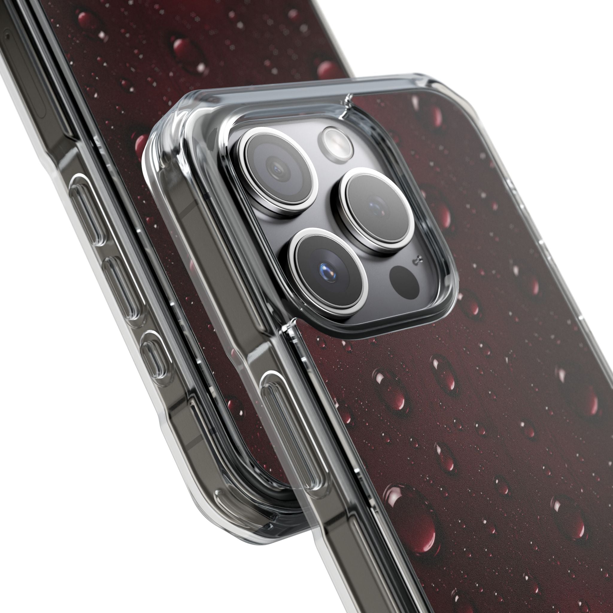 Clear Magnetic Phone Case — Dark Red Raindrop Design, Impact-Resistant