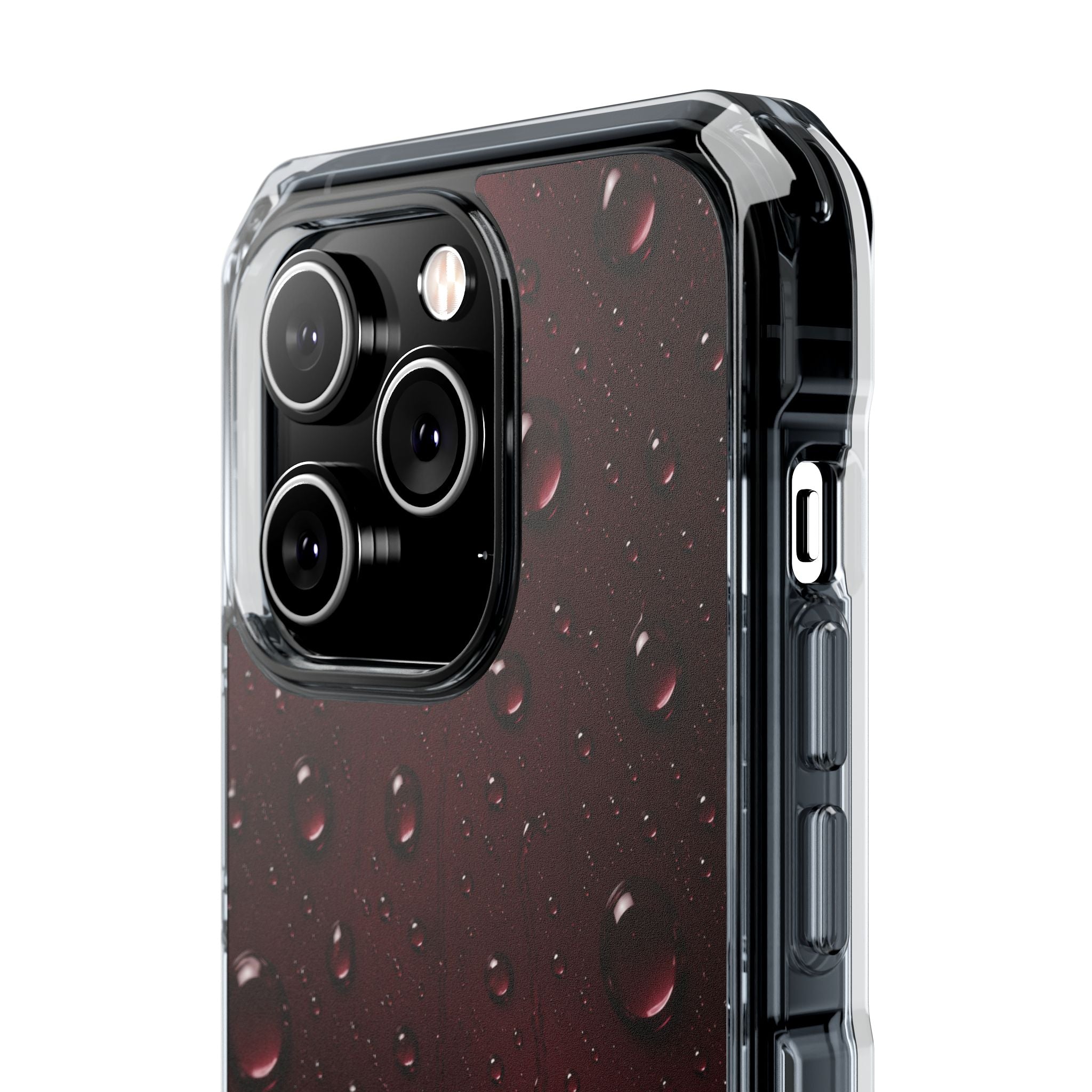 Clear Magnetic Phone Case — Dark Red Raindrop Design, Impact-Resistant