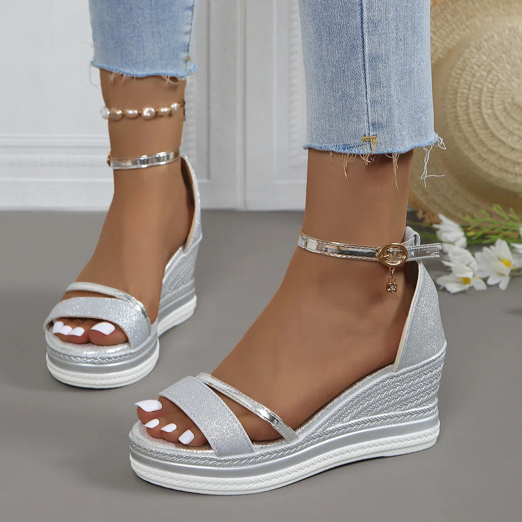 Glitter Platform Wedge Sandals with Ankle Strap