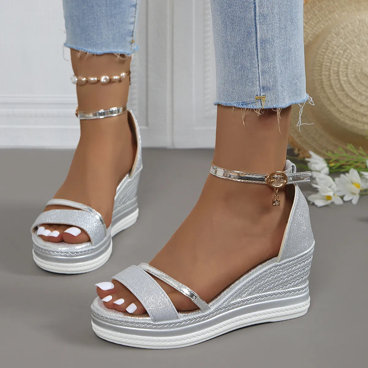 Glitter Platform Wedge Sandals with Ankle Strap