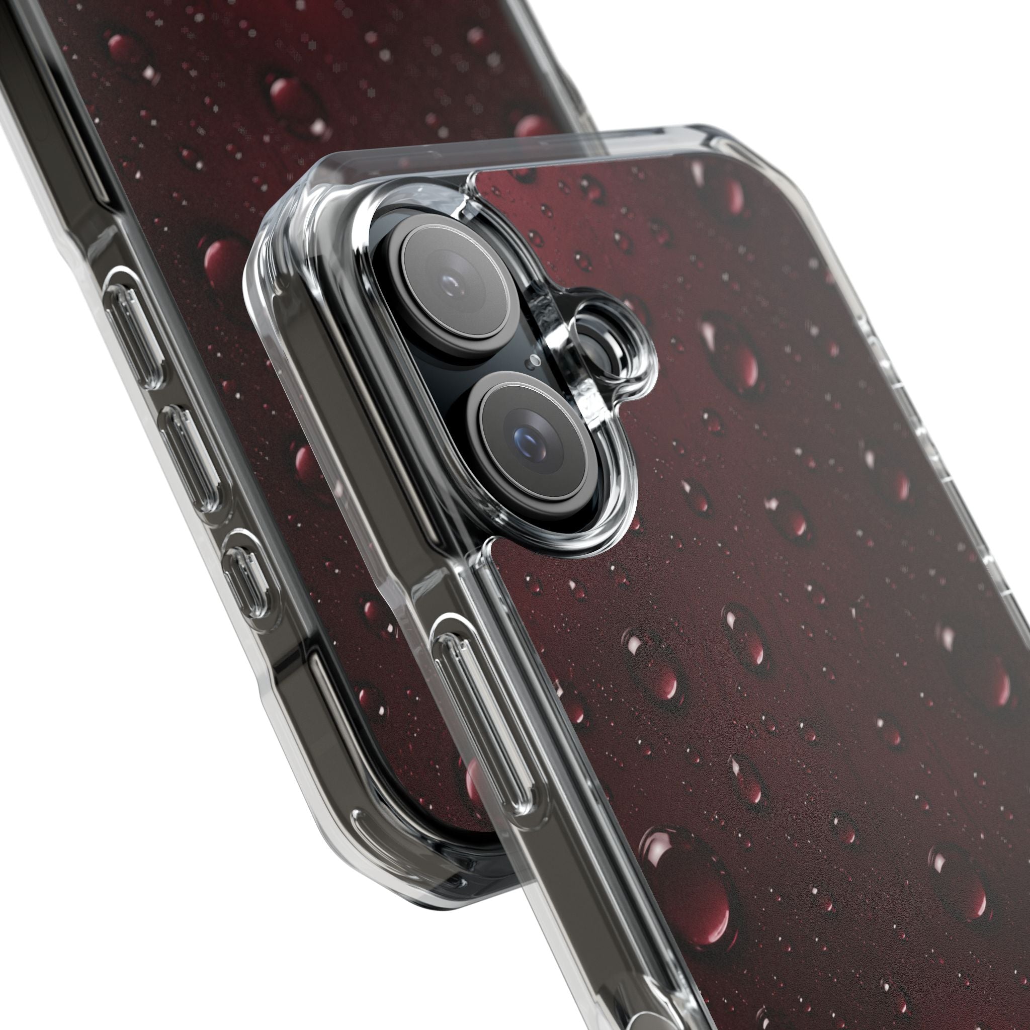 Clear Magnetic Phone Case — Dark Red Raindrop Design, Impact-Resistant