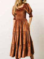 Velvet Smocked Tiered Midi Dress