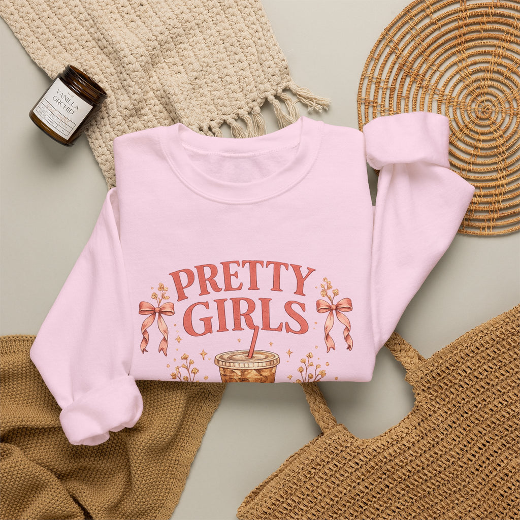 Iced Coffee Crewneck Sweatshirt — "Pretty Girls Drink Iced Coffee" Cozy Graphic Pullover