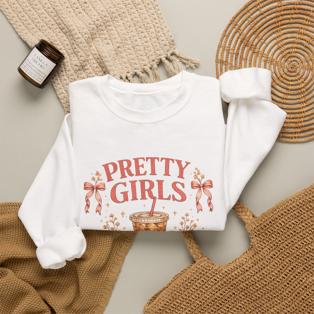 Iced Coffee Crewneck Sweatshirt — "Pretty Girls Drink Iced Coffee" Cozy Graphic Pullover
