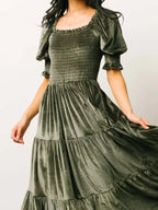 Velvet Smocked Tiered Midi Dress