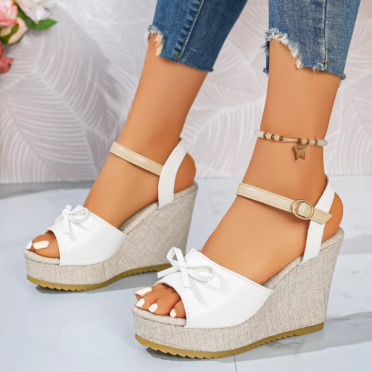Bow Peep Toe Wedge Sandals